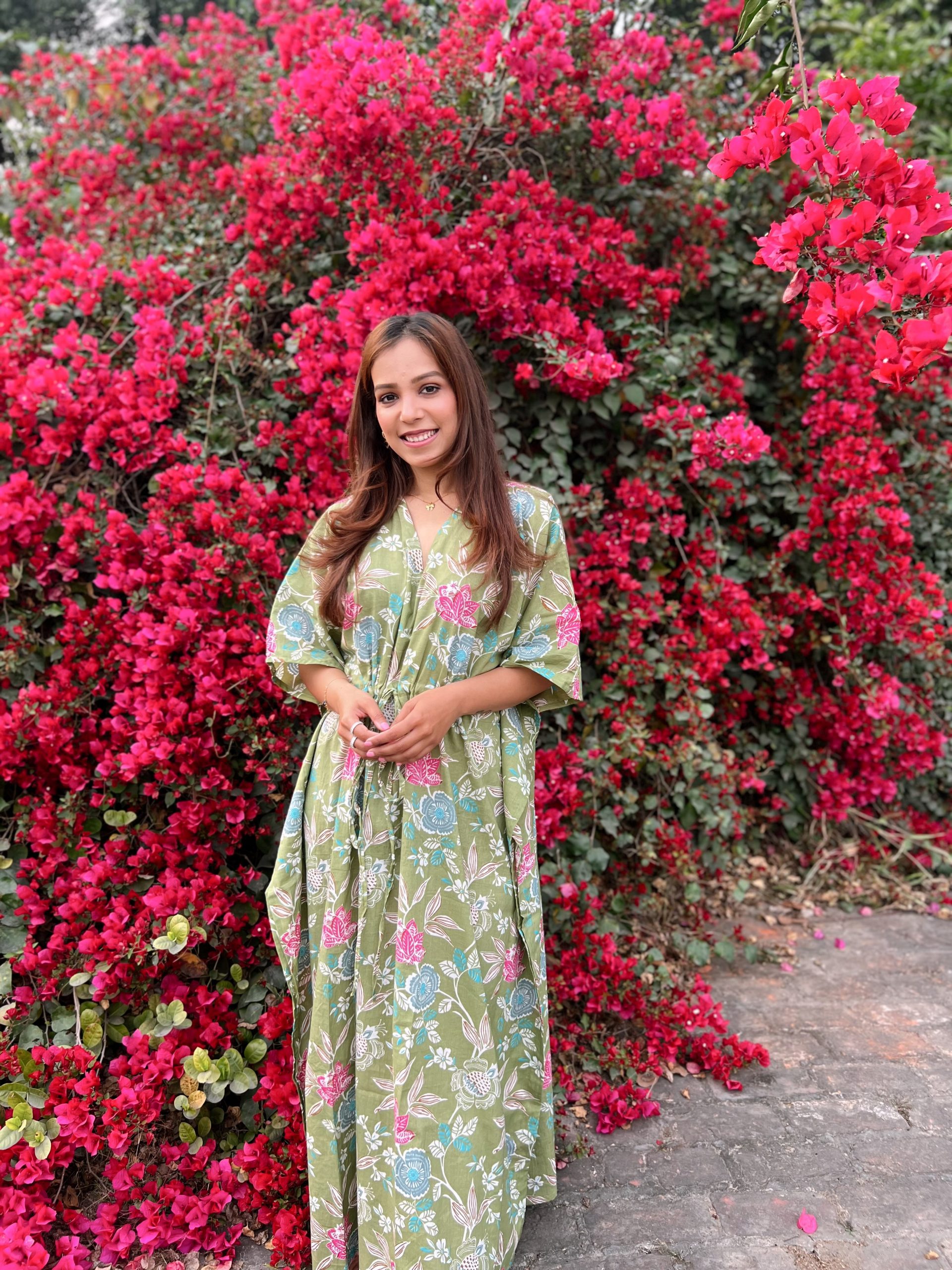 Tezza-0963 Green Floral Kaftan