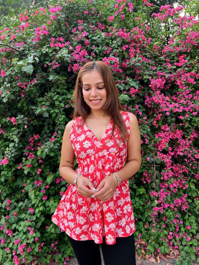 Red Tezza Red Floral Cotton Top for Women | Rangaari