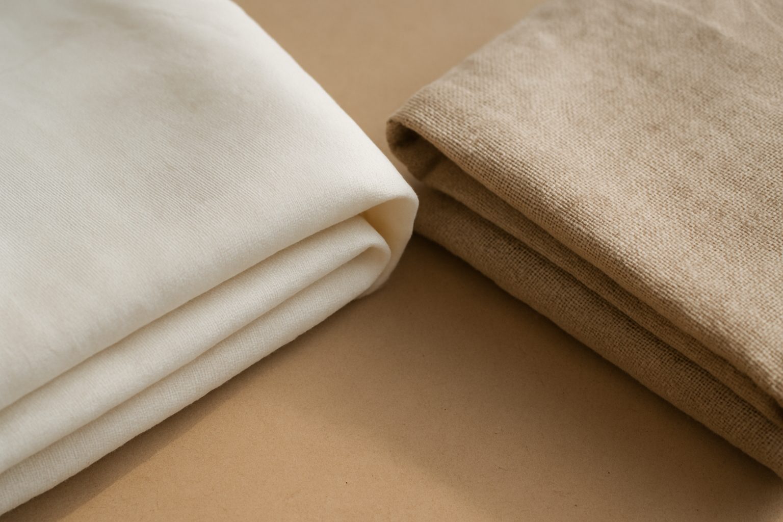Folded cotton fabric next to folded linen fabric in natural daylight