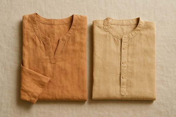 Folded cotton kaftan beside a folded cotton kurta on a neutral linen backdrop