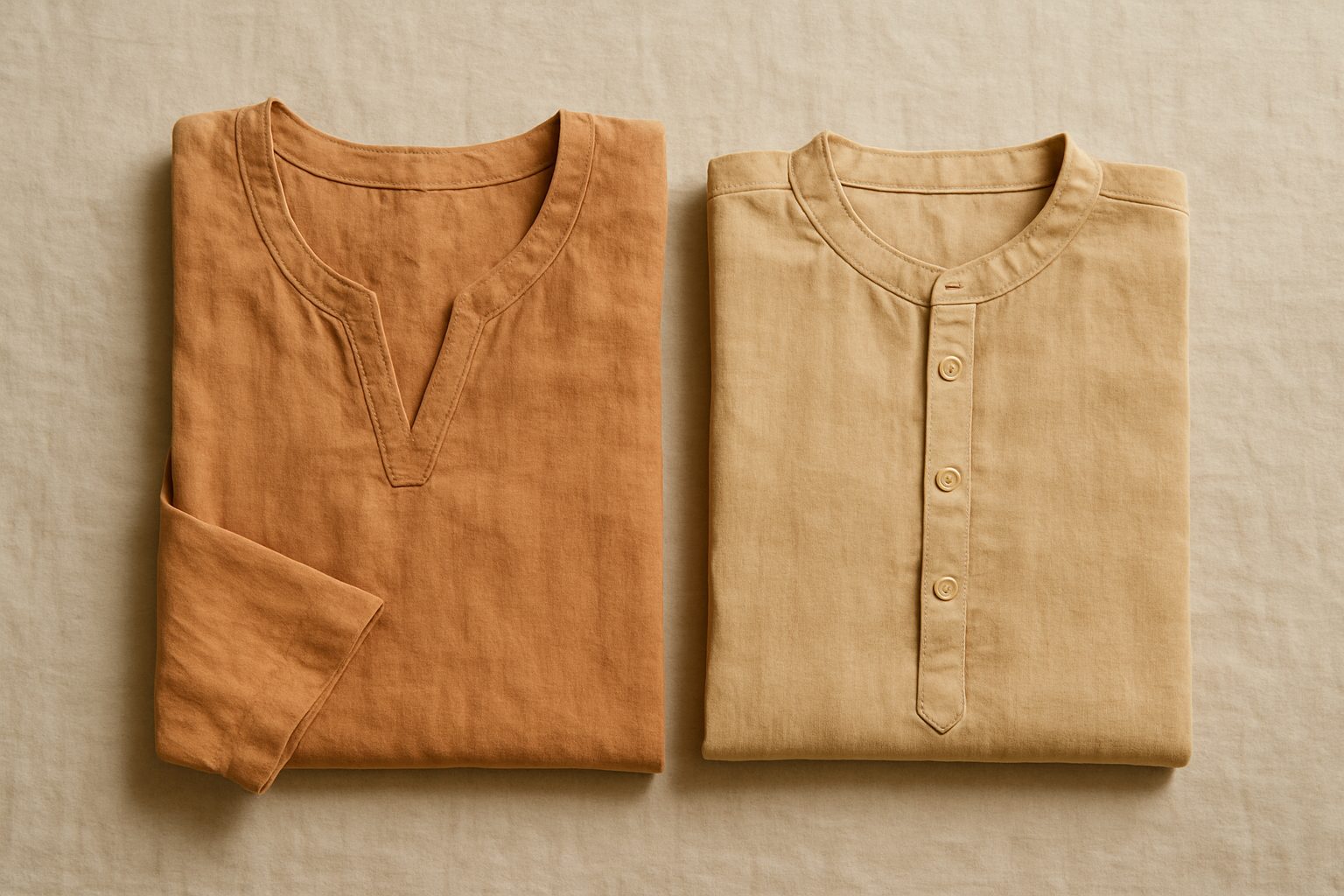 Folded cotton kaftan beside a folded cotton kurta on a neutral linen backdrop