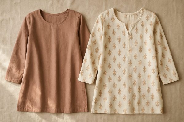A casual cotton tunic next to a printed cotton kurti on a neutral backdrop